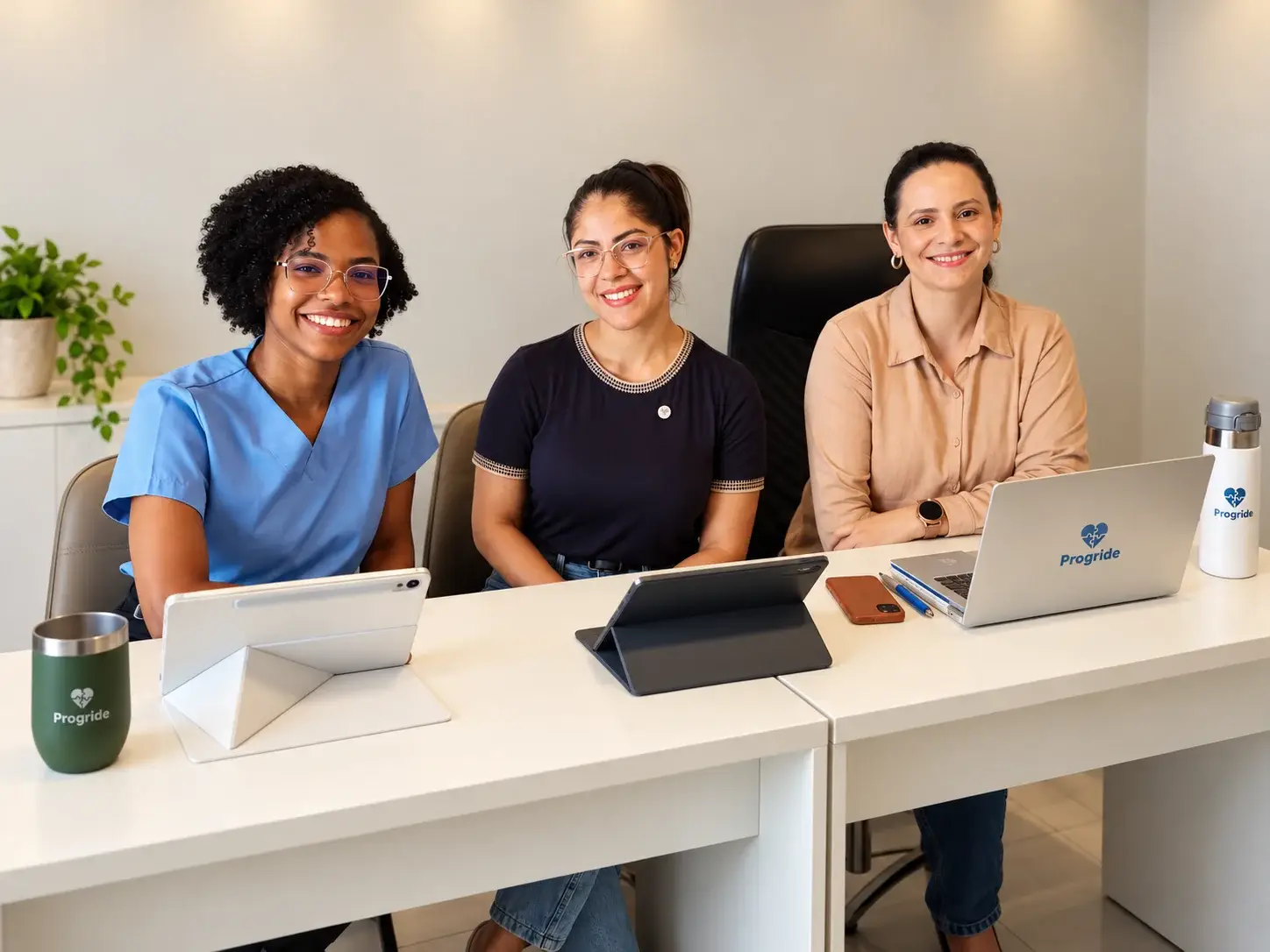 Profissionais da Progride reunidos em torno de uma mesa, conversando